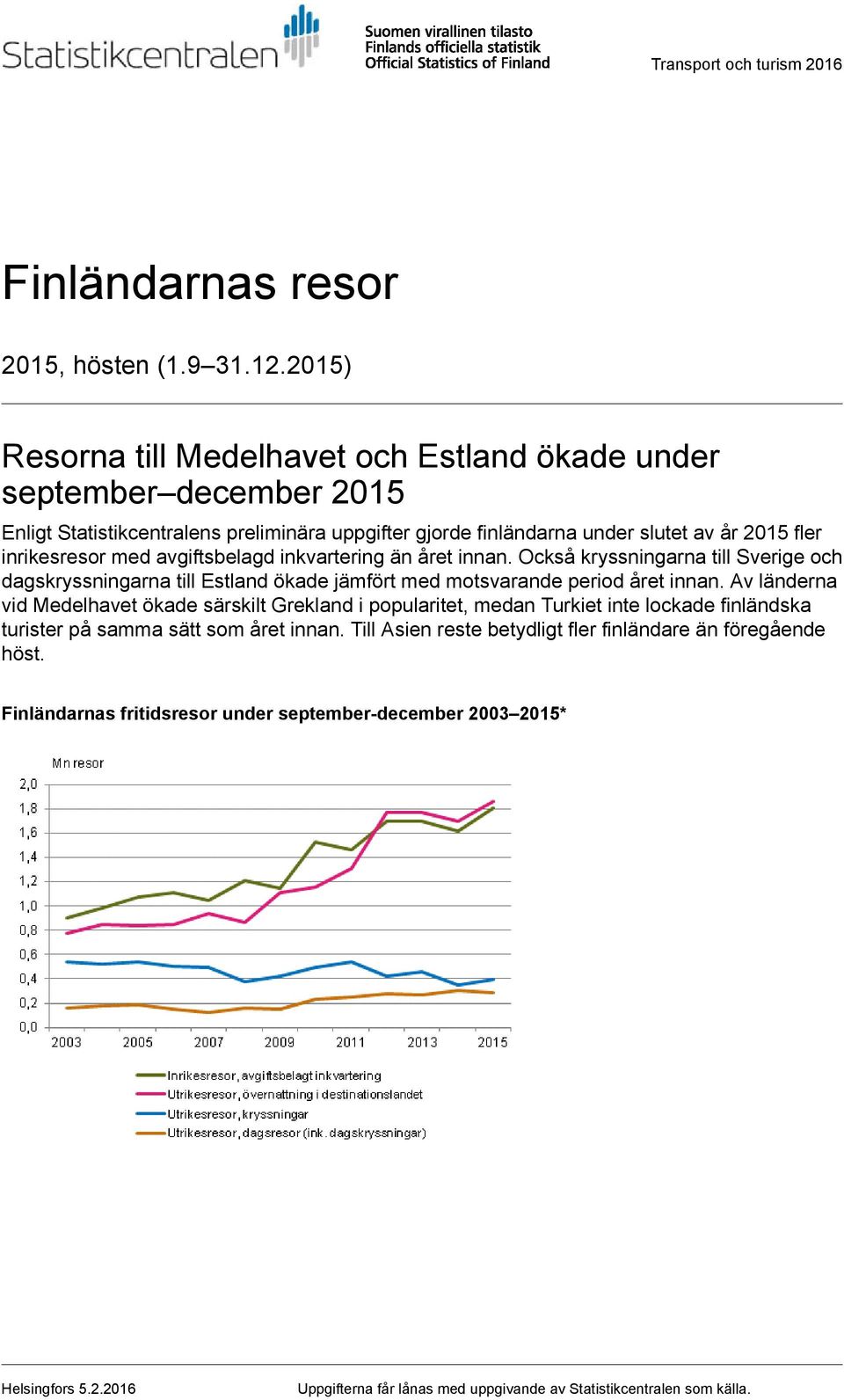 avgiftsbelagd inkvartering än året innan. Också kryssningarna till Sverige och dagskryssningarna till Estland ökade jämfört med motsvarande period året innan.