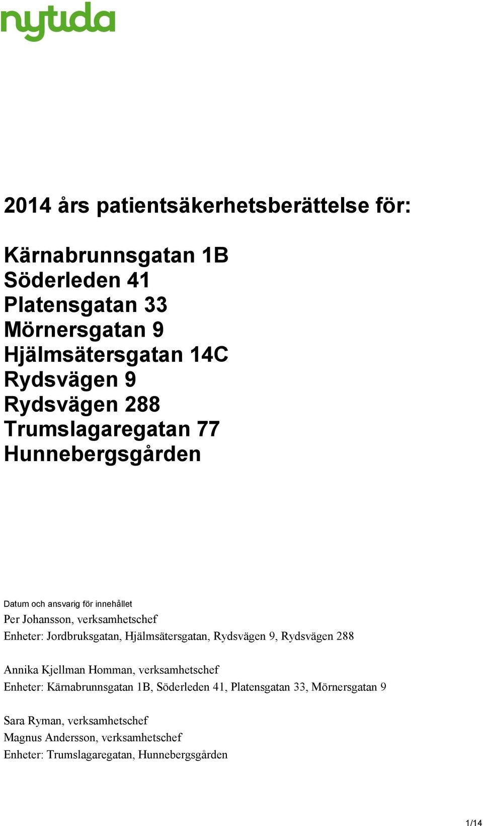 Jordbruksgatan, Hjälmsätersgatan, Rydsvägen 9, Rydsvägen 288 Annika Kjellman Homman, verksamhetschef Enheter: Kärnabrunnsgatan 1B,