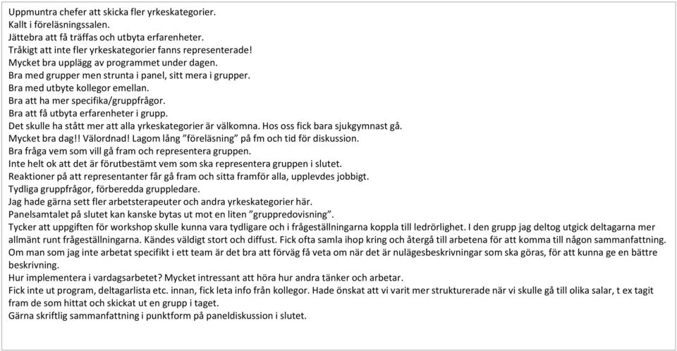 Bra att få utbyta erfarenheter i grupp. Det skulle ha stått mer att alla yrkeskategorier är välkomna. Hos oss fick bara sjukgymnast gå. Mycket bra dag!! Välordnad!
