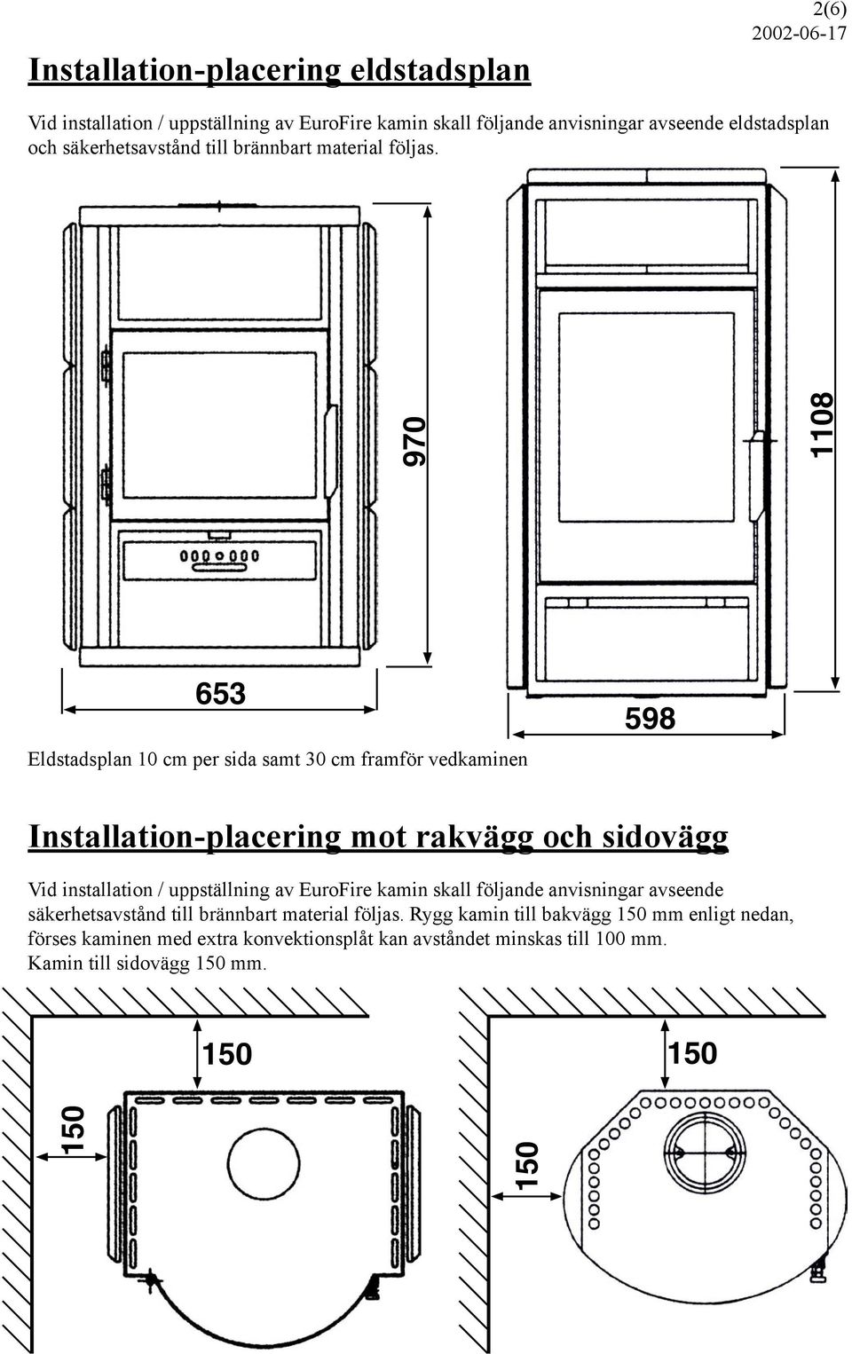 653 Eldstadsplan 10 cm per sida samt 30 cm framför vedkaminen Installation-placering mot rakvägg och sidovägg Vid installation / uppställning av