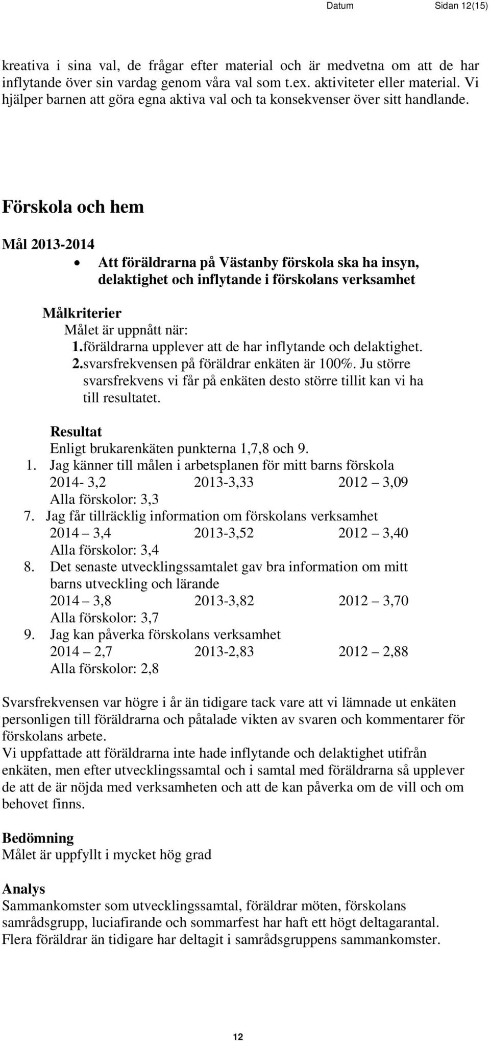 Förskola och hem Mål 2013-2014 Att föräldrarna på Västanby förskola ska ha insyn, delaktighet och inflytande i förskolans verksamhet Målkriterier Målet är uppnått när: 1.