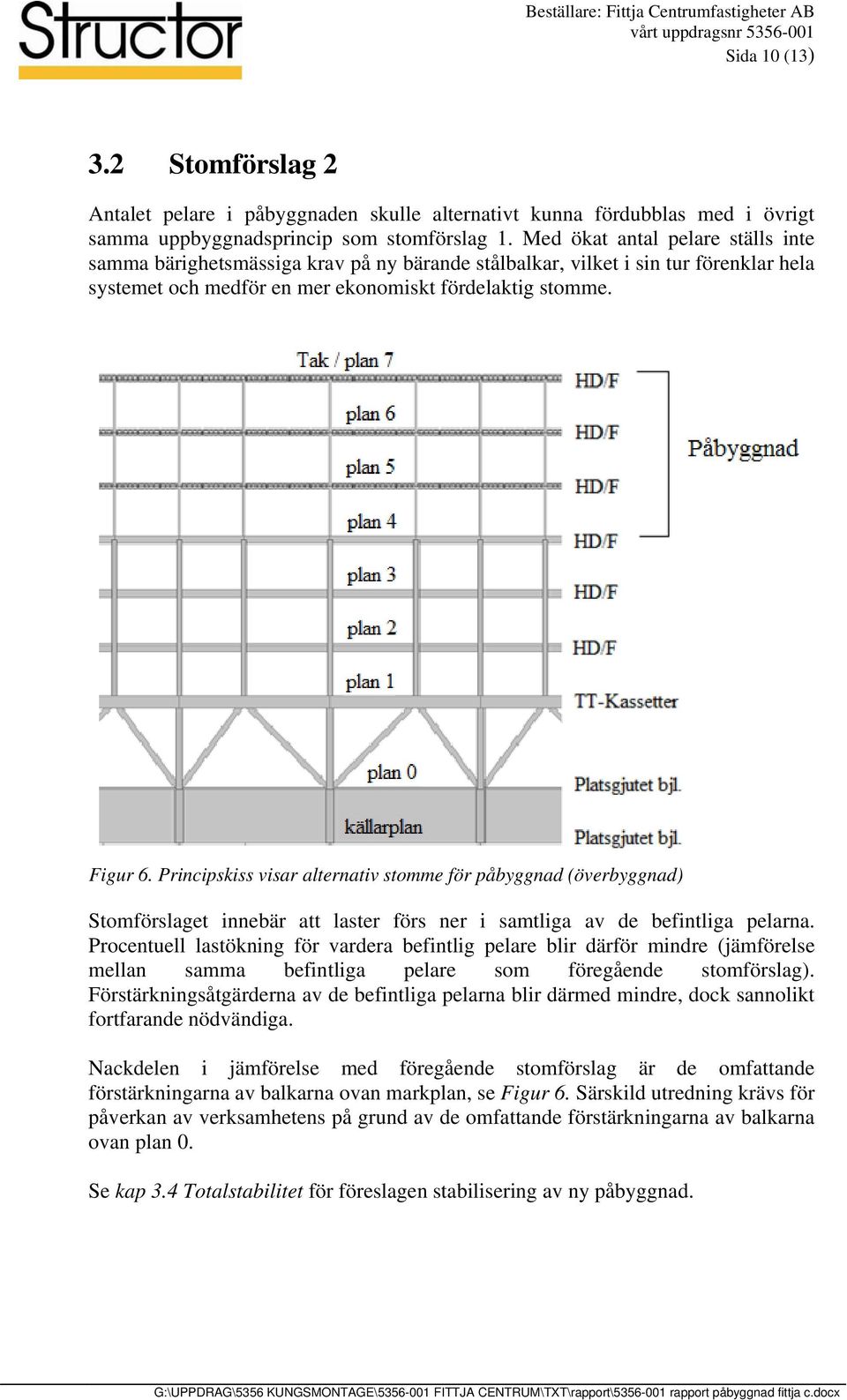 Principskiss visar alternativ stomme för påbyggnad (överbyggnad) Stomförslaget innebär att laster förs ner i samtliga av de befintliga pelarna.