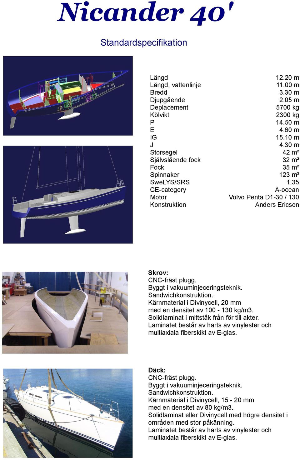 Byggt i vakuuminjeceringsteknik. Sandwichkonstruktion. Kärnmaterial i Divinycell, 20 mm med en densitet av 100-130 kg/m3. Solidlaminat i mittståk från för till akter.