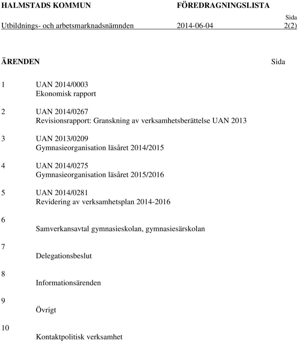 Gymnasieorganisation läsåret 2014/2015 4 UAN 2014/0275 Gymnasieorganisation läsåret 2015/2016 5 UAN 2014/0281 Revidering av