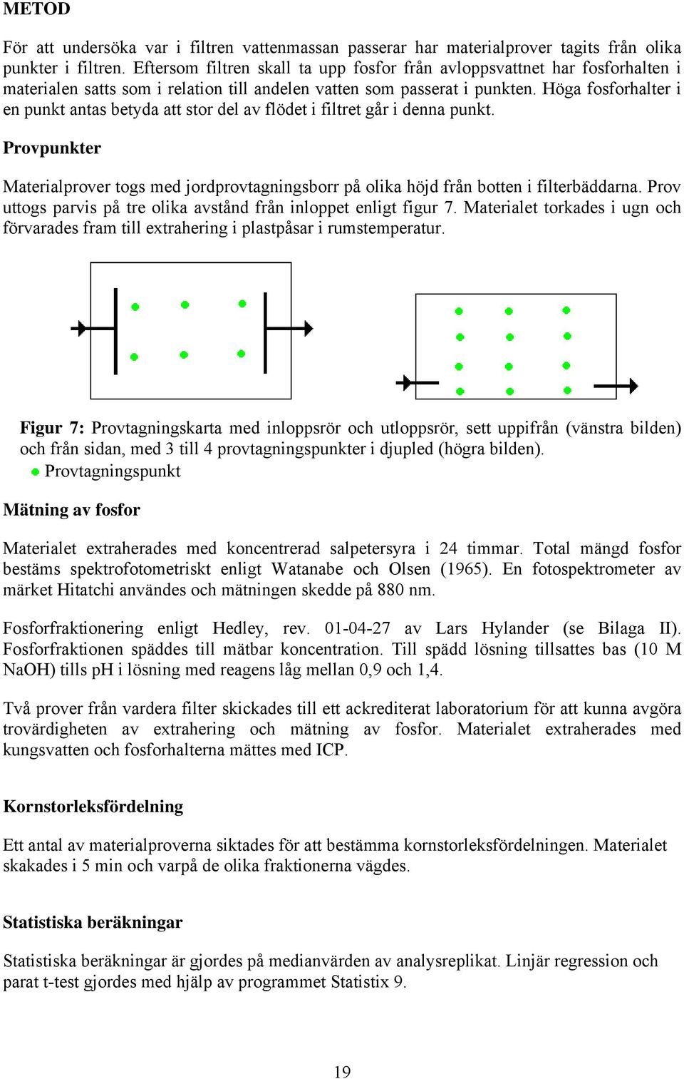 Höga fosforhalter i en punkt antas betyda att stor del av flödet i filtret går i denna punkt. Provpunkter Materialprover togs med jordprovtagningsborr på olika höjd från botten i filterbäddarna.