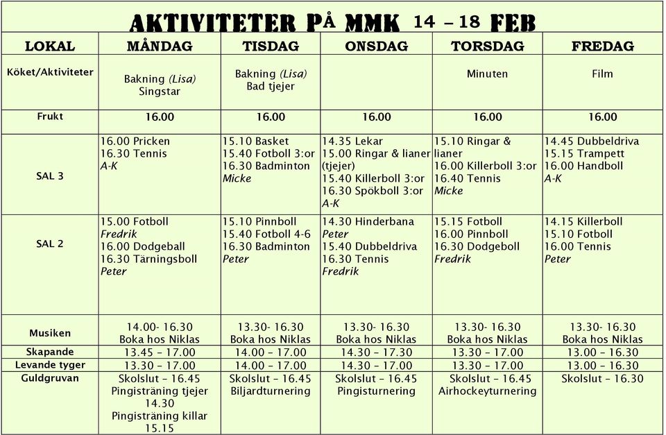 35 Lekar 15.10 Ringar & 15.00 Ringar & lianer lianer (tjejer) 16.00 Killerboll 3:or 15.40 Killerboll 3:or 16.40 Tennis 16.30 Spökboll 3:or Micke A-K 14.30 Hinderbana 15.40 Dubbeldriva 16.