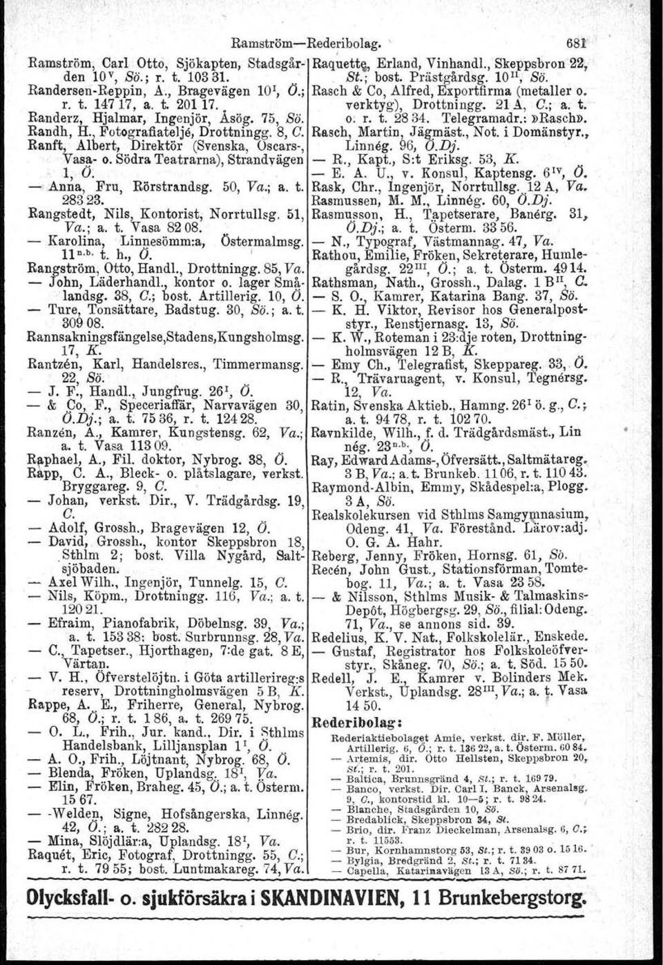 75, Sö. o: r. t. 2834. Telegramadr.: nraschn. Randh, H' J Fotografiatelje, Drottningg. 8, C. Basch, Martin, Jäg,mäst., Not. idomänstyr., Ranft, Albert, Direktör (Svenska, Oscars-, Linneg. 96, O.Dj.