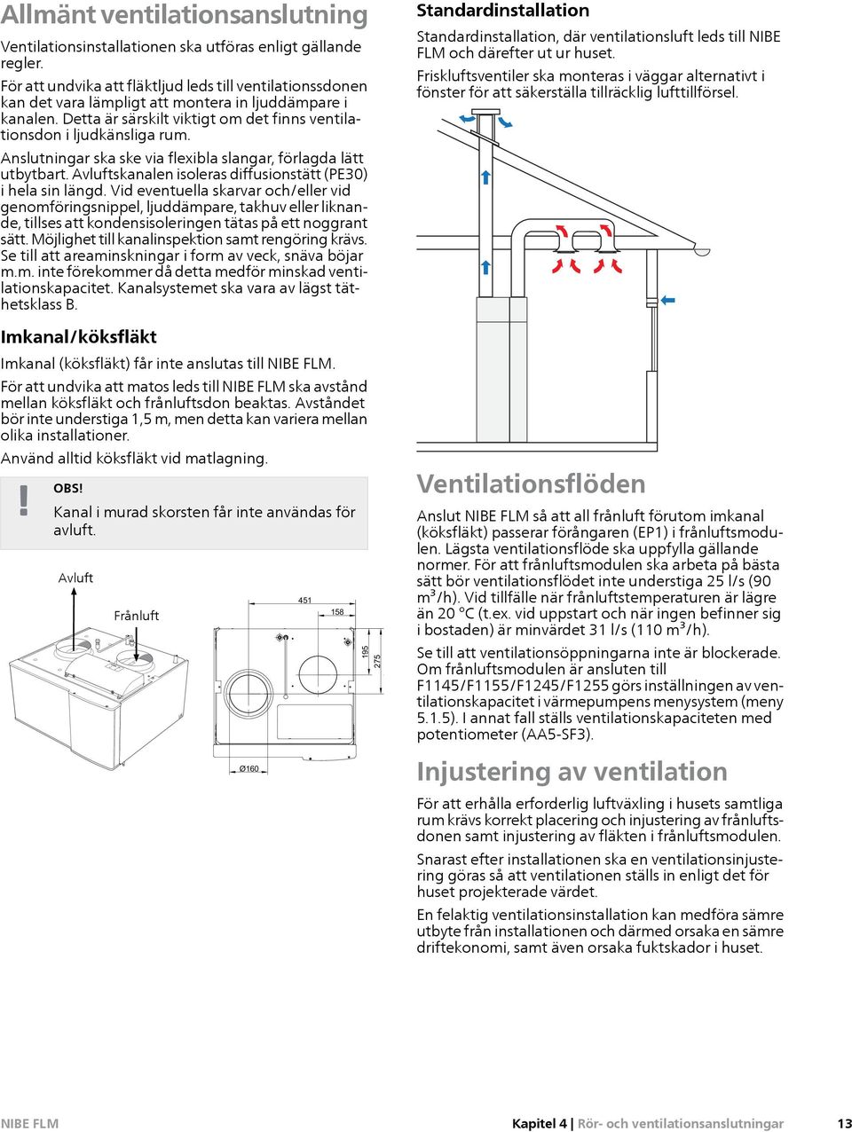 Anslutningar ska ske via flexibla slangar, förlagda lätt utbytbart. Avluftskanalen isoleras diffusionstätt (PE30) i hela sin längd.