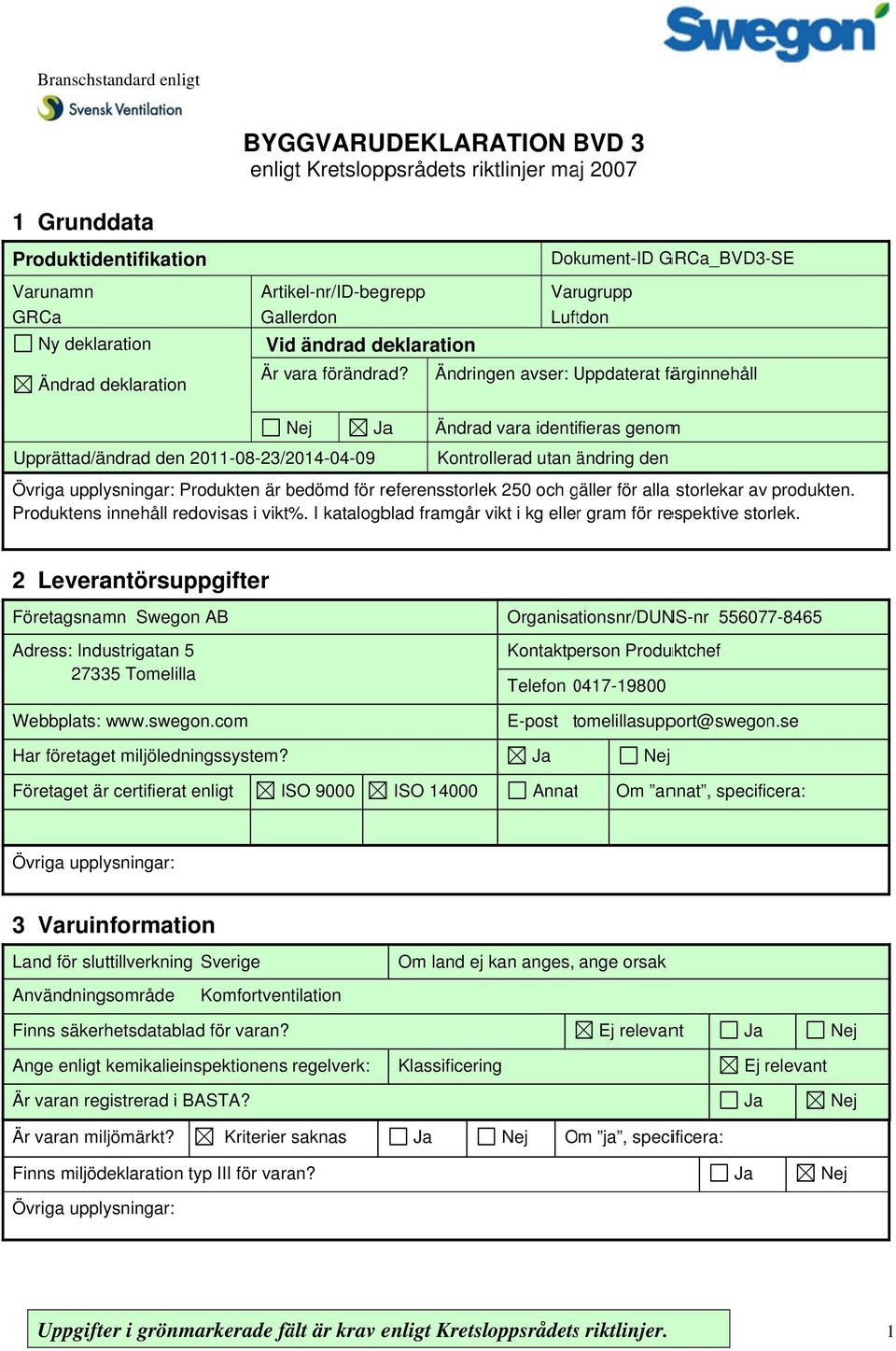 Ändringen avser: Uppdaterat U färginnehåll a Ändrad vara identifieras genomm Upprättad/ändrad den 2011-08-23/2014-04-09 Kontrollerad utan ändring ä den Produkten är bedömd för referensstorlek 250 och