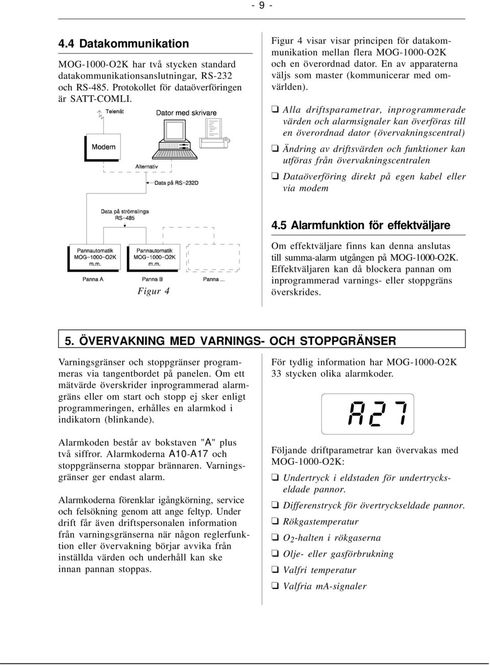 Alla driftsparametrar, inprogrammerade värden och alarmsignaler kan överföras till en överordnad dator (övervakningscentral) Ändring av driftsvärden och funktioner kan utföras från