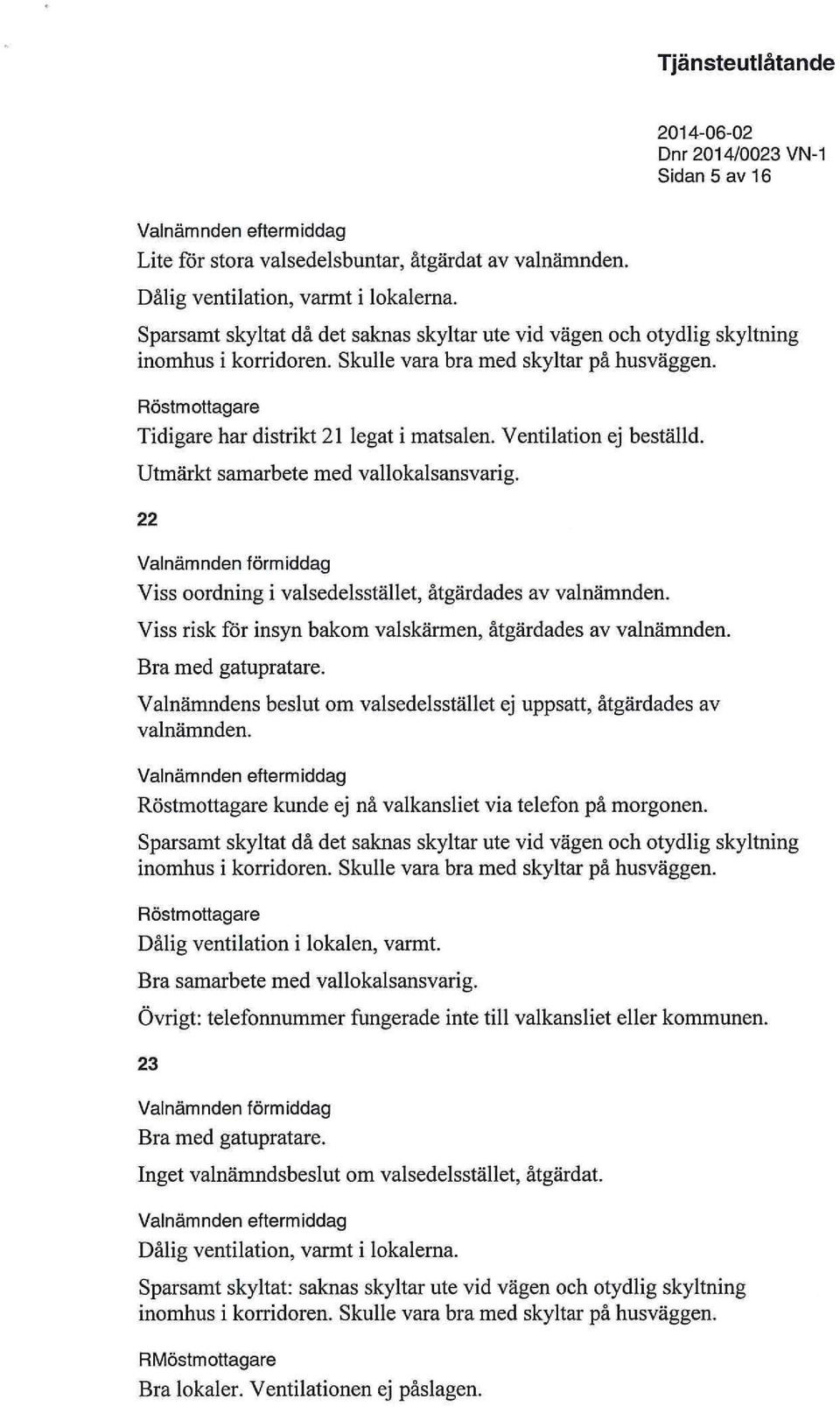 Ventilation ej beställd. Utmärkt samarbete med vallokalsansvarig. 22 Viss oordning i valsedelsstället, åtgärdades av valnämnden. Viss risk för insyn bakom valskärmen, åtgärdades av valnämnden.