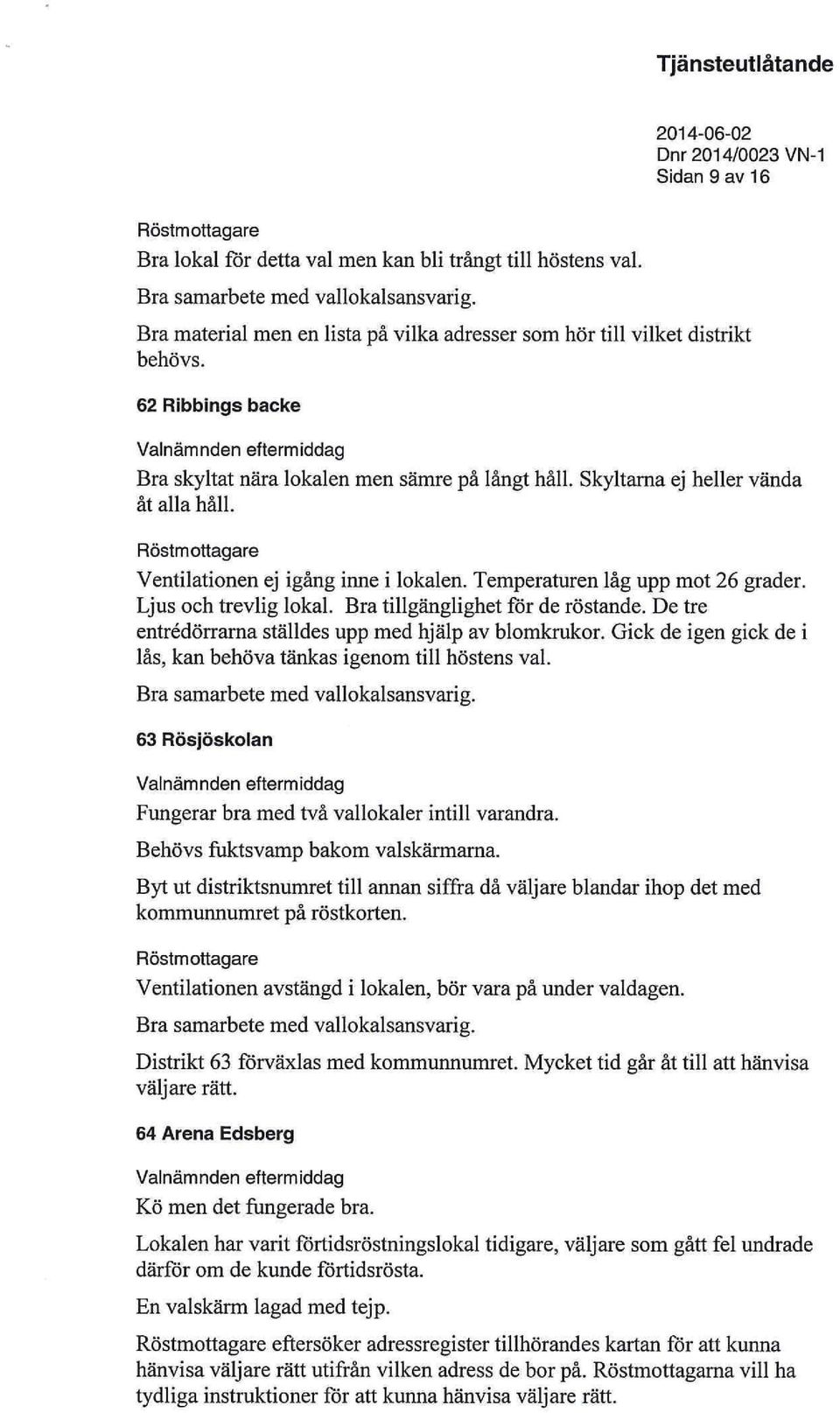 Ventilationen ej igång inne i lokalen. Temperaturen låg upp mot 26 grader. Ljus och trevlig lokal. Bra tillgänglighet för de röstande. De tre entrédörrarna ställdes upp med hjälp av blomkrukor.