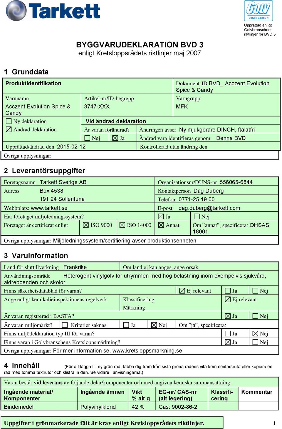 Dokument-ID BVD_ Acczent Evolution Spice & Candy Varugrupp MFK Ändringen avser Ny mjukgörare DINCH, ftalatfri Nej Ja Ändrad vara identifieras genom Denna BVD Kontrollerad utan ändring den