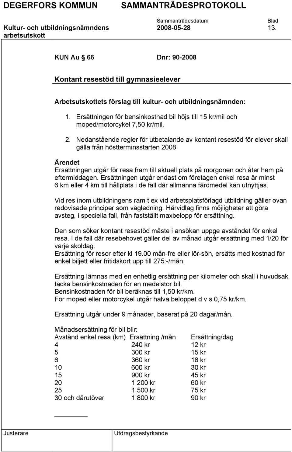 Ärendet Ersättningen utgår för resa fram till aktuell plats på morgonen och åter hem på eftermiddagen.