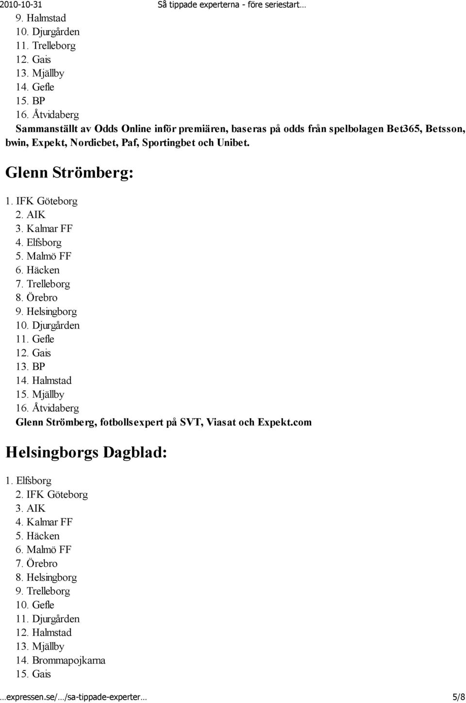 Sportingbet och Unibet. Glenn Strömberg: 2. AIK 3. Kalmar FF 4. Elfsborg 5. Malmö FF 7. Trelleborg 12. Gais 13. BP 14.