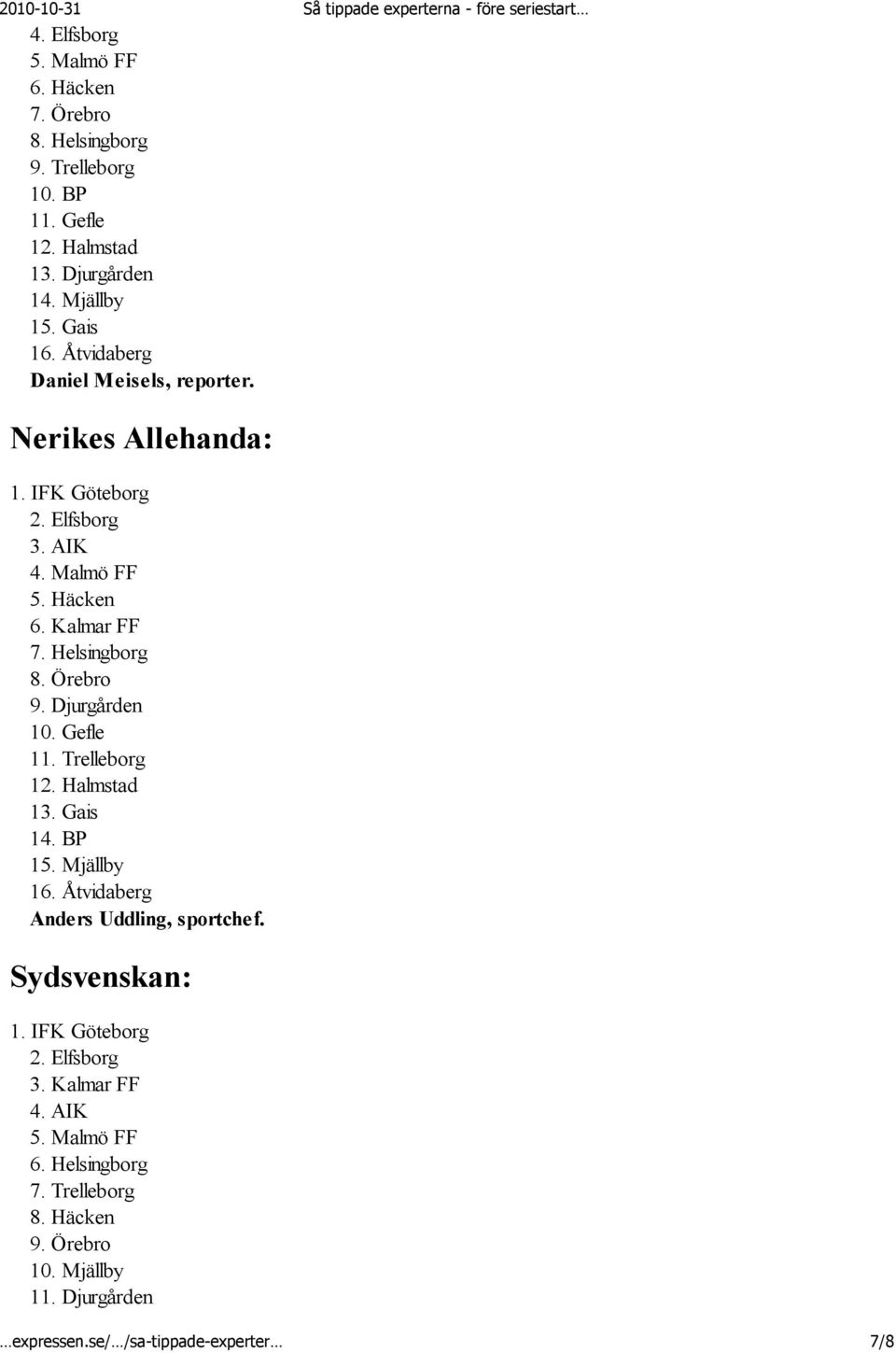 Trelleborg Anders Uddling, sportchef. Sydsvenskan: 3. Kalmar FF 5. Malmö FF 6. Helsingborg 7.