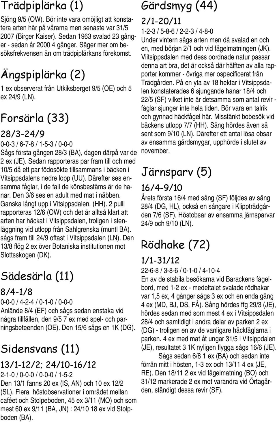 Forsärla (33) 28/3-24/9 0-0-3 / 6-7-8 / 1-5-3 / 0-0-0 Sågs första gången 28/3 (BA), dagen därpå var de 2 ex (JE).