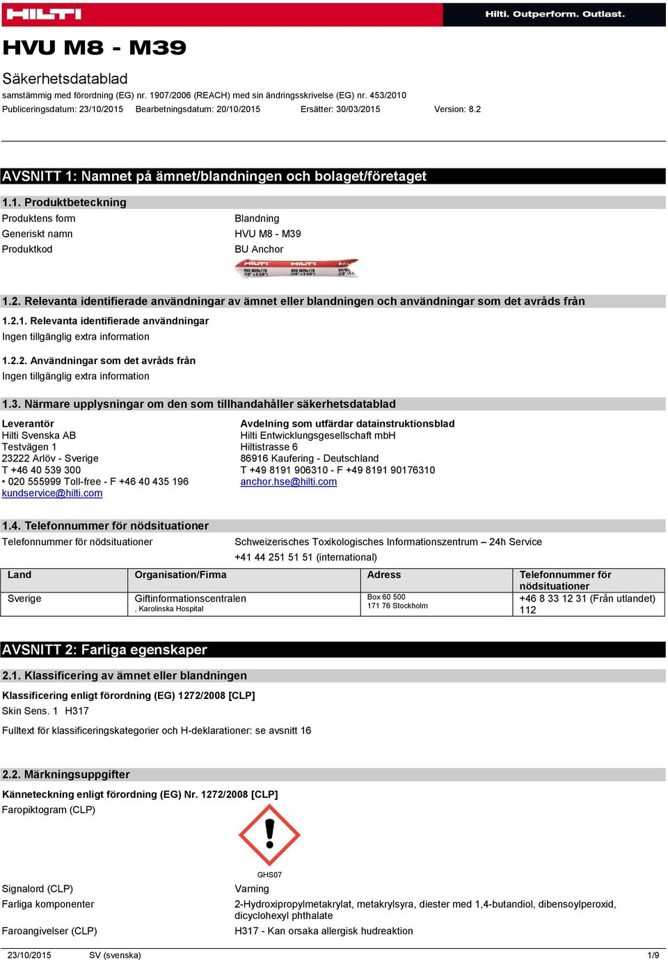 Närmare upplysningar om den som tillhandahåller säkerhetsdatablad Leverantör Hilti Svenska AB Testvägen 1 23222 Arlöv - Sverige T +46 40 539 300 020 555999 Toll-free - F +46 40 435 196