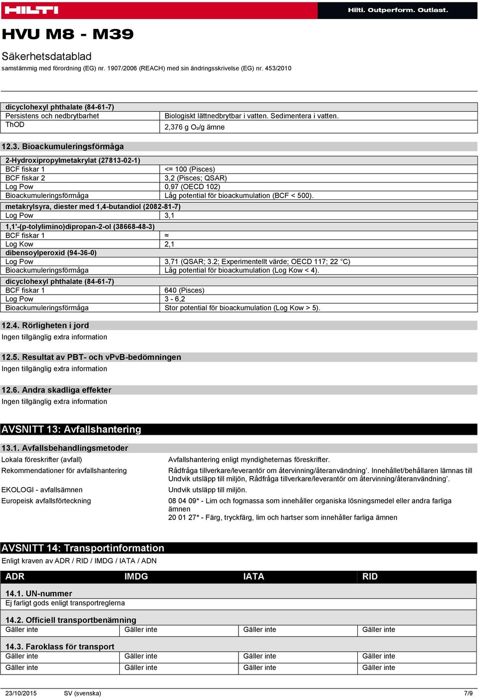 Bioackumuleringsförmåga 2-Hydroxipropylmetakrylat (27813-02-1) BCF fiskar 1 <= 100 (Pisces) BCF fiskar 2 3,2 (Pisces; QSAR) Log Pow 0,97 (OECD 102) Bioackumuleringsförmåga Låg potential för