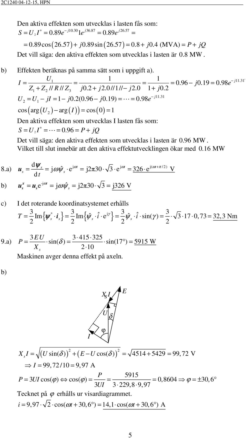 U = U ji = j0.(0.96 j0.9) = = 0.98e j.3 co( rg ( U ) rg ( I) ) = co ( 0) = Den ktiv effekten om utveckl I lten få om: S = U I = = 0.96 = P+ jq Det vill äg: den ktiv effekten om utveckl i lten är 0.