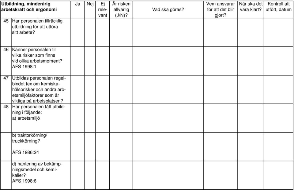 AFS 1998:1 47 Utbildas personalen regelbindet tex om kemiskahälsorisker och andra arbetsmiljöfaktorer som är viktiga på
