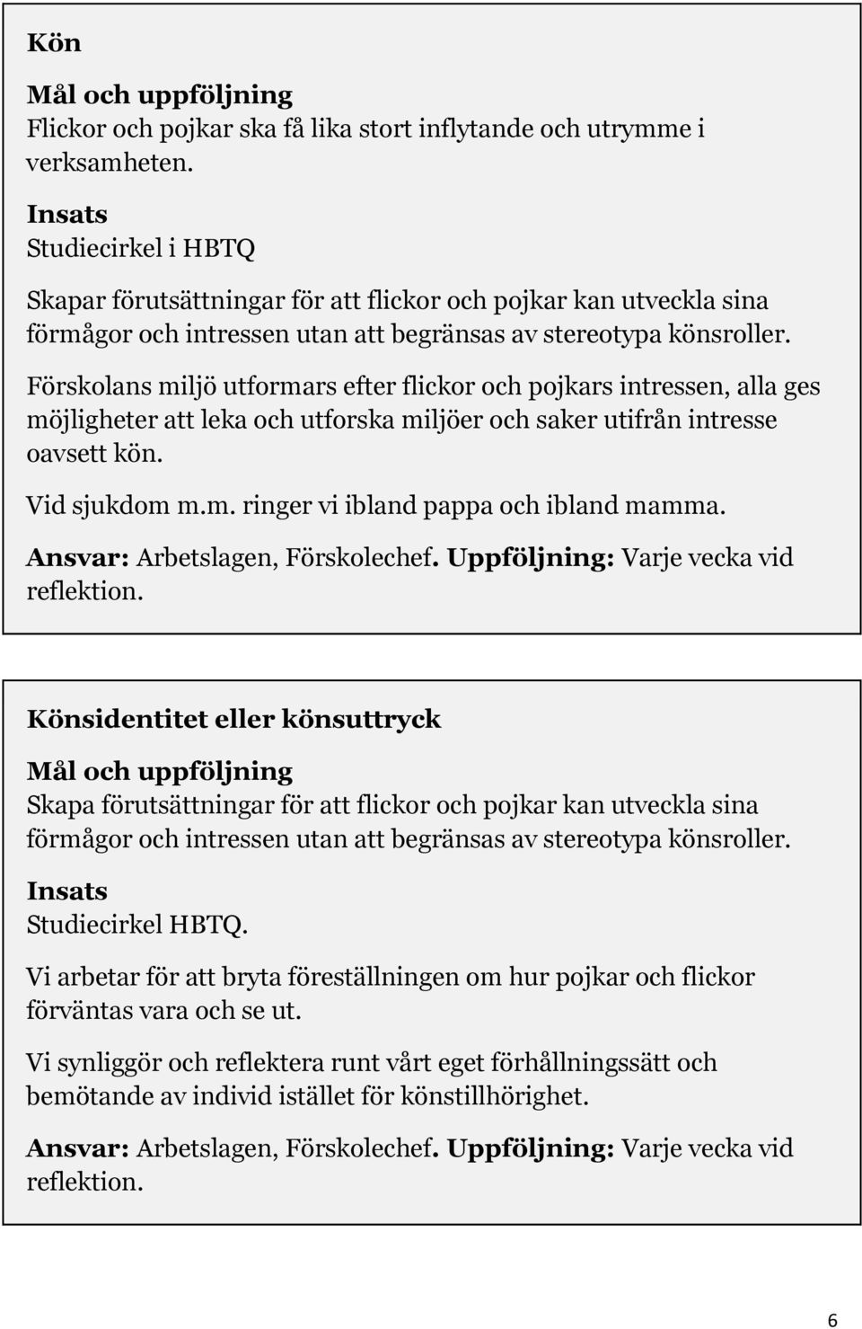 Förskolans miljö utformars efter flickor och pojkars intressen, alla ges möjligheter att leka och utforska miljöer och saker utifrån intresse oavsett kön. Vid sjukdom m.m. ringer vi ibland pappa och ibland mamma.