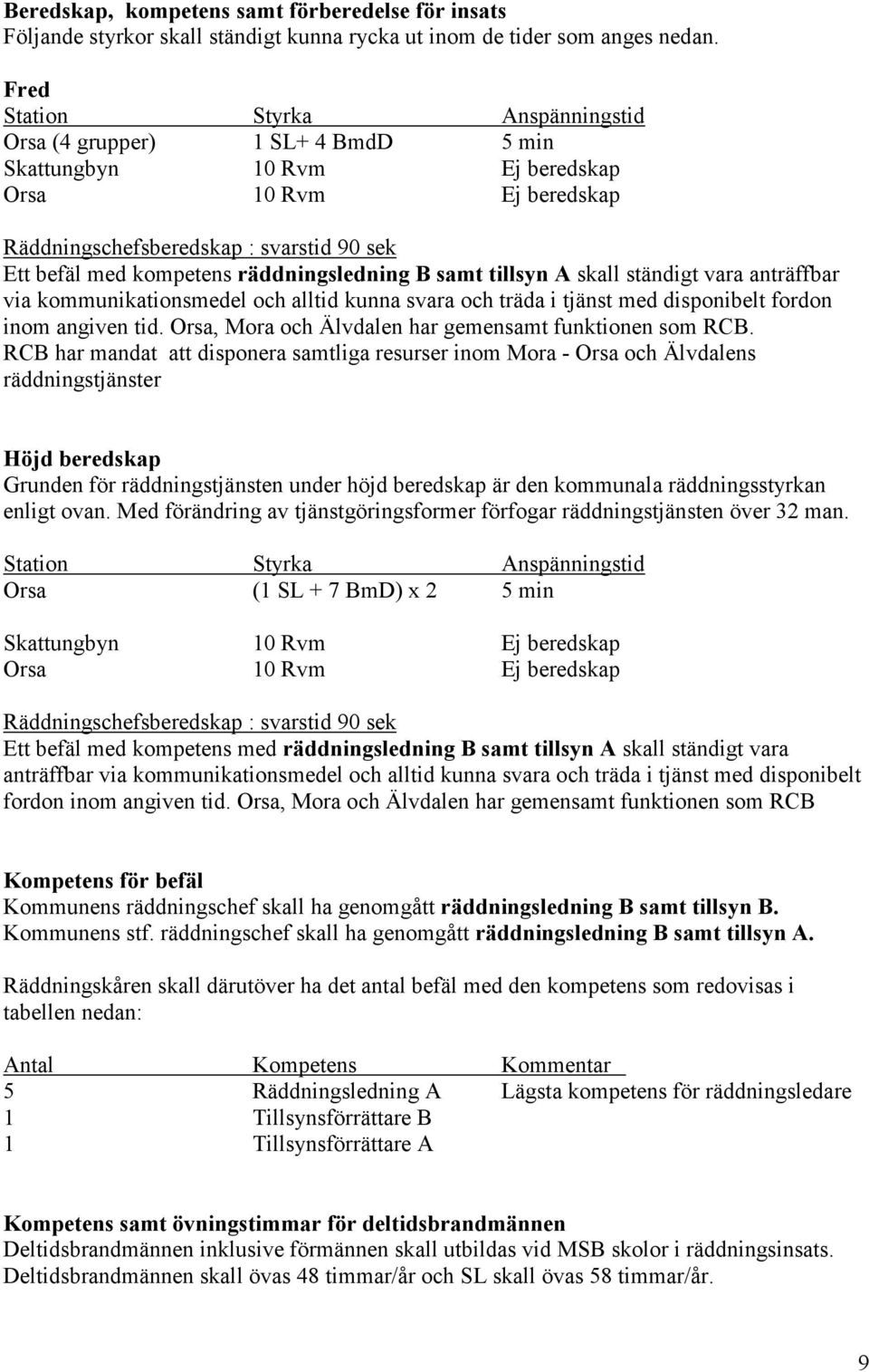 räddningsledning B samt tillsyn A skall ständigt vara anträffbar via kommunikationsmedel och alltid kunna svara och träda i tjänst med disponibelt fordon inom angiven tid.