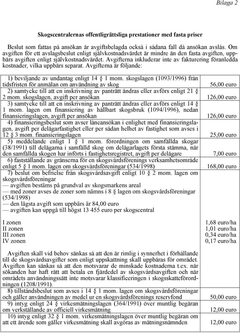 Avgifterna inkluderar inte av fakturering föranledda kostnader, vilka uppbärs separat. Avgifterna är följande: 1) beviljande av undantag enligt 14 1 mom.