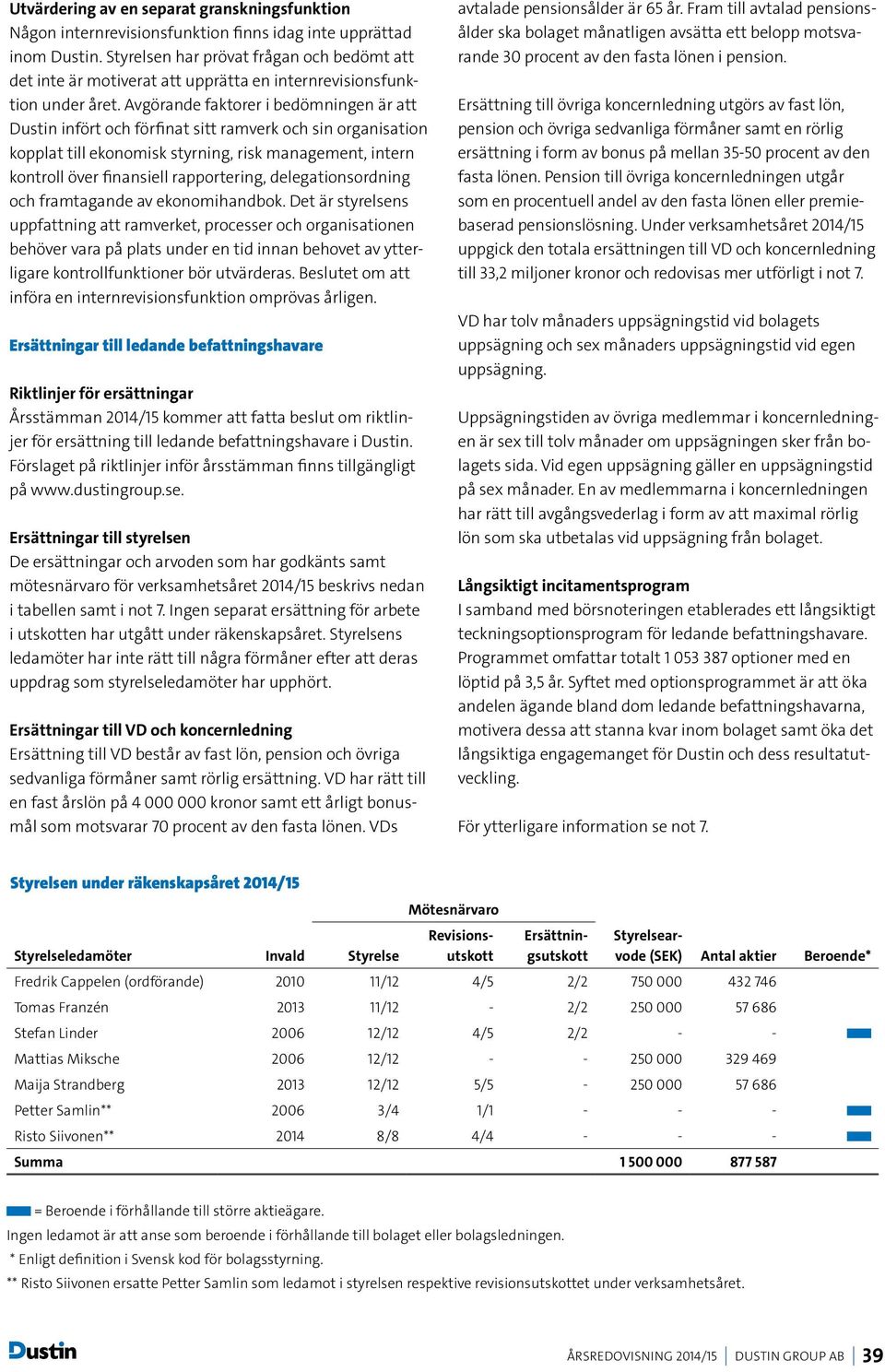 Avgörande faktorer i bedömningen är att Dustin infört och förfinat sitt ramverk och sin organisation kopplat till ekonomisk styrning, risk management, intern kontroll över finansiell rapportering,