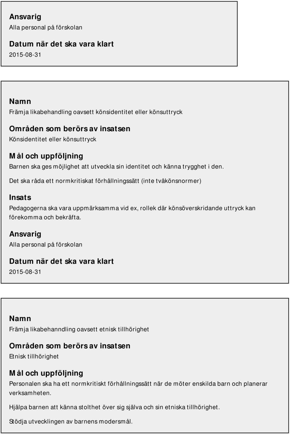 Det ska råda ett normkritiskat förhållningssätt (inte tvåkönsnormer) Insats Pedagogerna ska vara uppmärksamma vid ex, rollek där könsöverskridande uttryck kan förekomma och bekräfta.