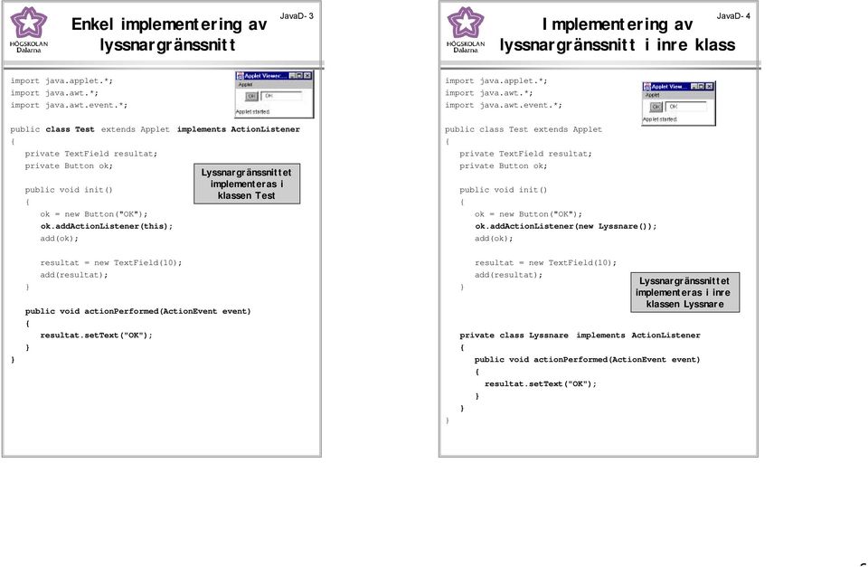 addactionlistener(this); add(ok); Lyssnargränssnittet implementeras i klassen Test public class Test extends Applet private Button ok; public void init() ok = new Button("OK");