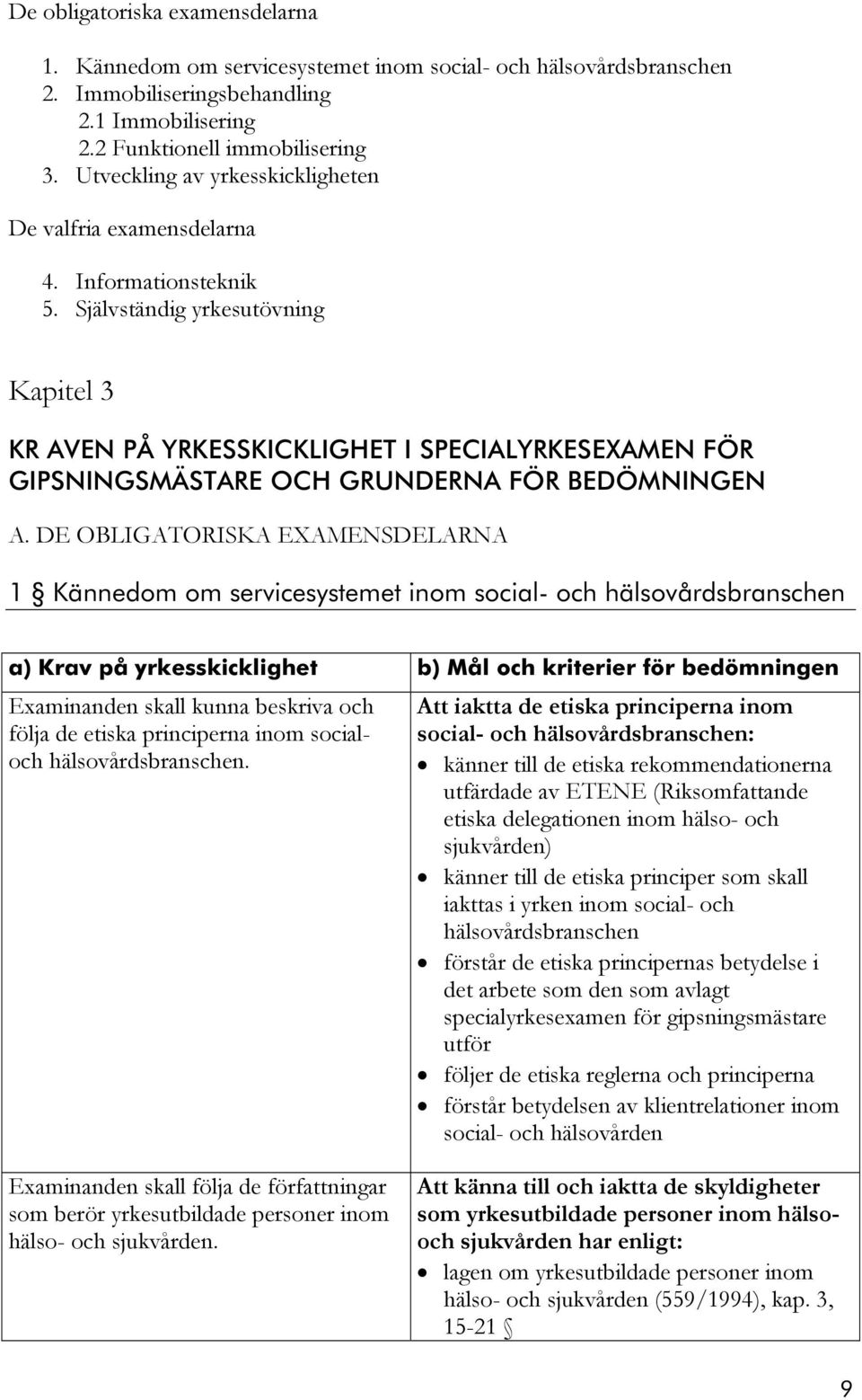Självständig yrkesutövning Kapitel 3 KR AVEN PÅ YRKESSKICKLIGHET I SPECIALYRKESEXAMEN FÖR GIPSNINGSMÄSTARE OCH GRUNDERNA FÖR BEDÖMNINGEN A.