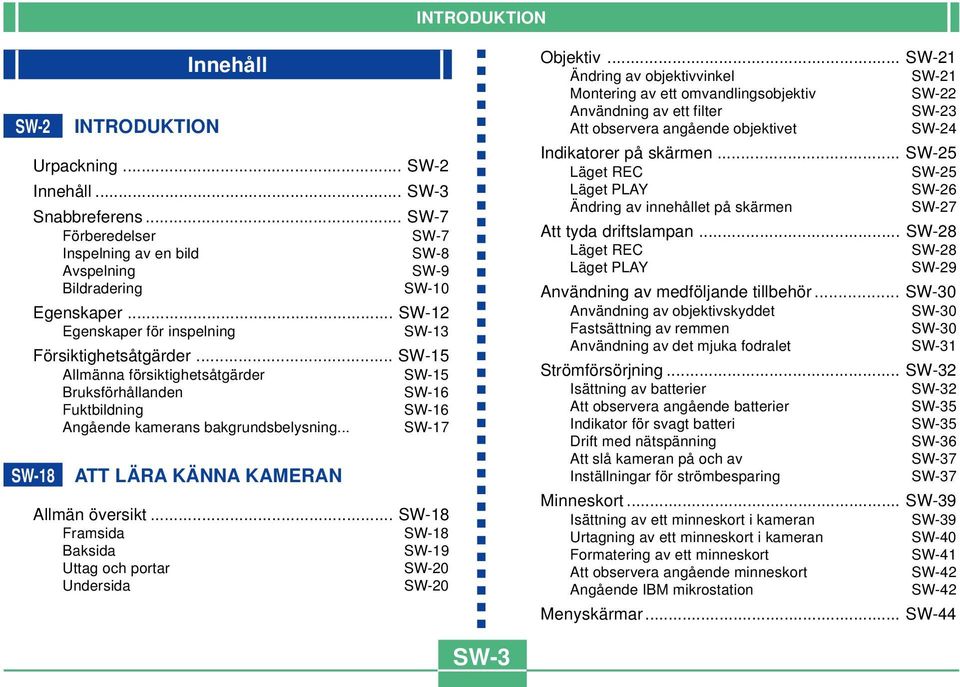 .. SW-17 SW-18 ATT LÄRA KÄNNA KAMERAN Allmän översikt... SW-18 Framsida SW-18 Baksida SW-19 Uttag och portar SW-20 Undersida SW-20 Objektiv.