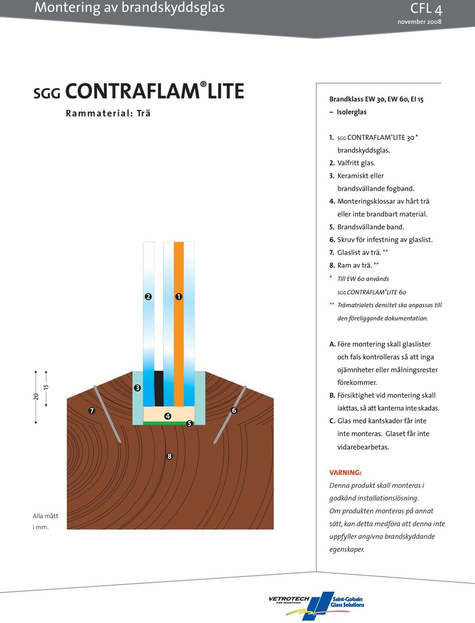 ** * Till EW 0 används SGG CONTRAFLAM LITE 0 ** Trämatrialets densitet ska anpassas till den föreliggande dokumentation. ojämnheter eller målningsrester förekommer. B.