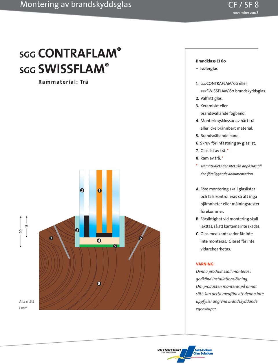 * * Trämatrialets densitet ska anpassas till den föreliggande dokumentation. 2 ojämnheter eller målningsrester förekommer. B. Försiktighet vid montering skall C.