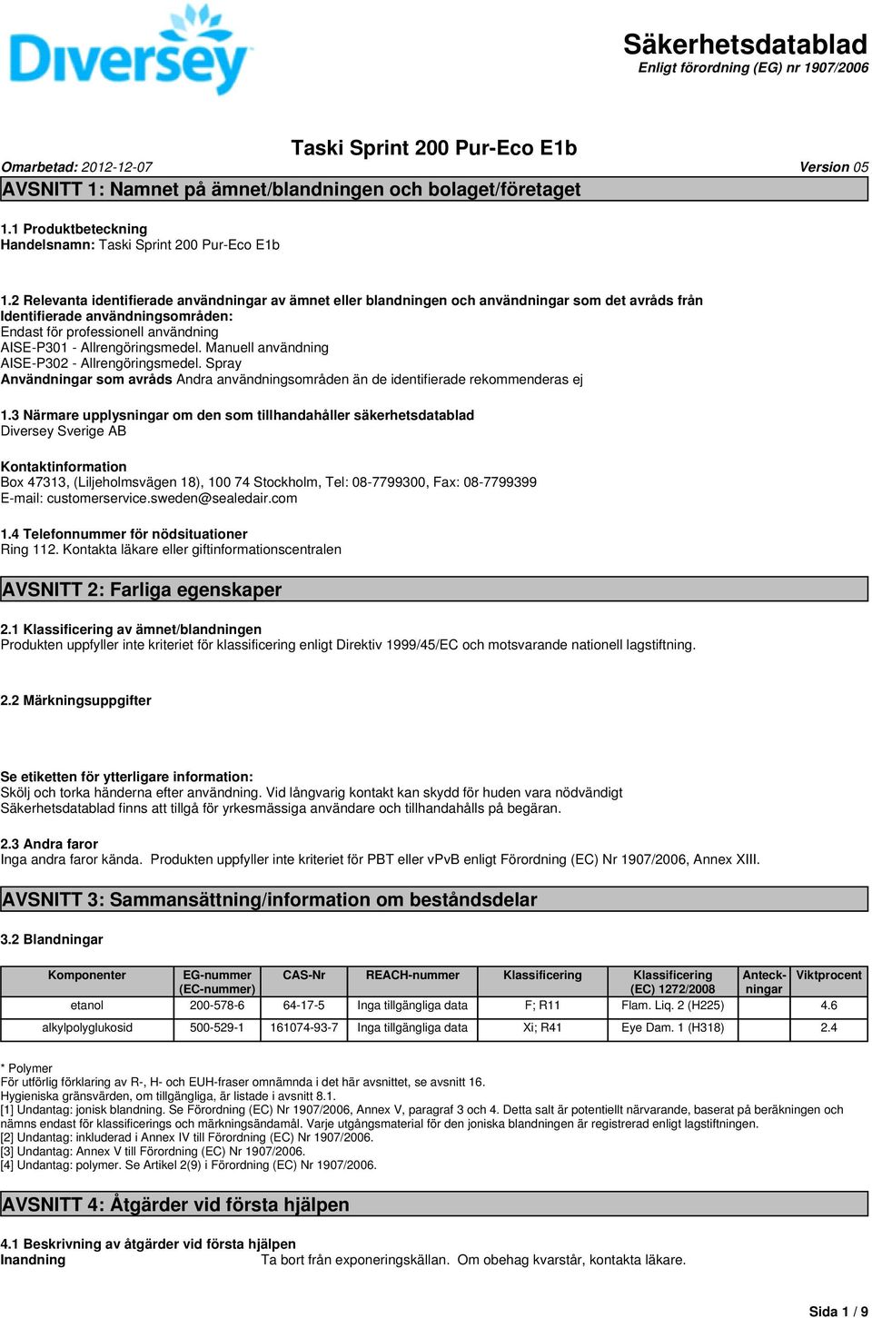 2 Relevanta identifierade användningar av ämnet eller blandningen och användningar som det avråds från Identifierade användningsområden: Endast för professionell användning AISE-P301 -