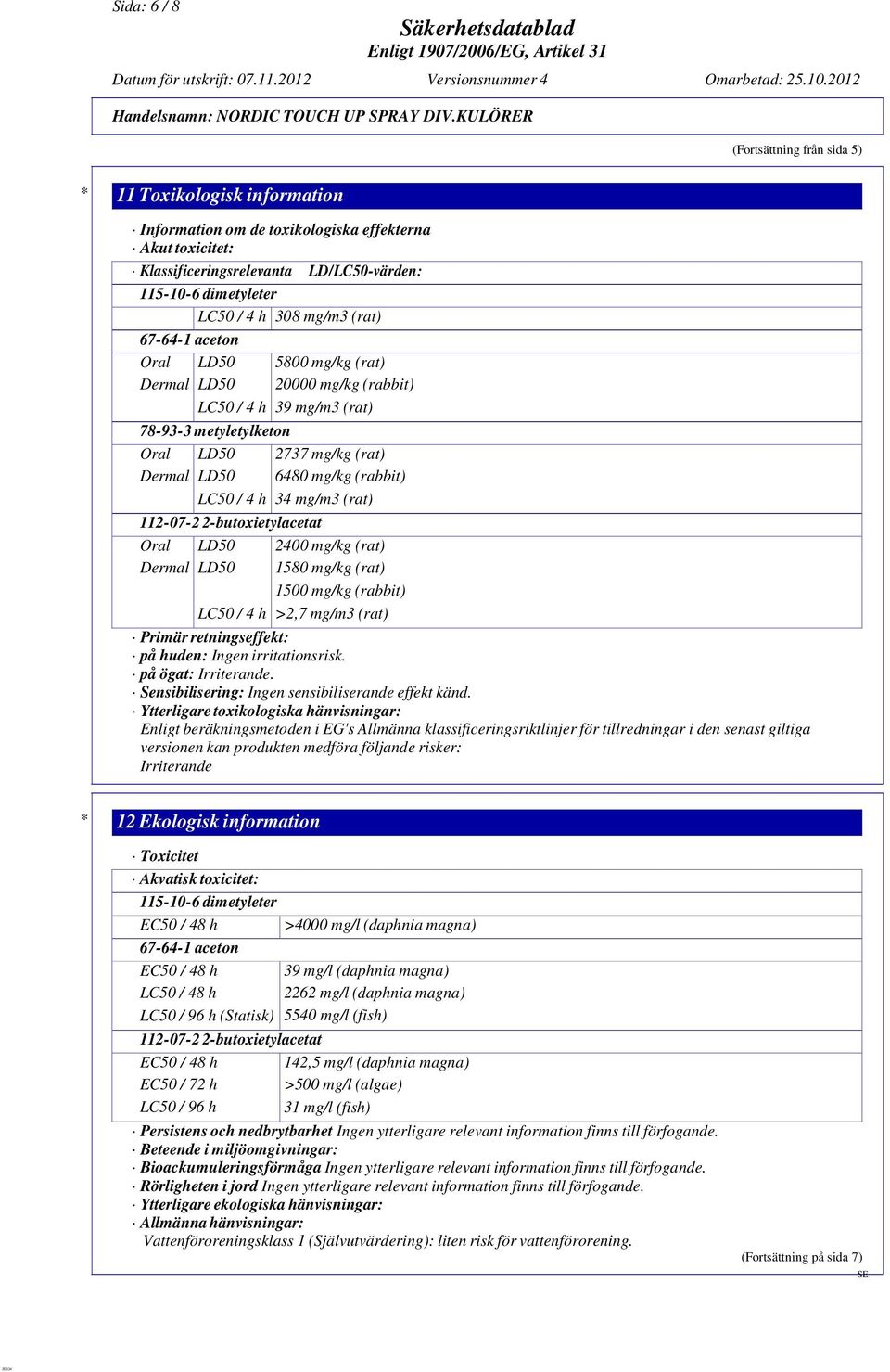 mg/kg (rabbit) 34 mg/m3 (rat) 112-07-2 2-butoxietylacetat Oral LD50 2400 mg/kg (rat) Dermal LD50 1580 mg/kg (rat) 1500 mg/kg (rabbit) LC50 / 4 h >2,7 mg/m3 (rat) Primär retningseffekt: på huden: