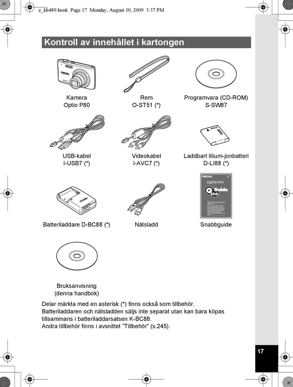 S-SW87 USB-kabel I-USB7 (*) Videokabel I-AVC7 (*) Laddbart litium-jonbatteri D-LI88 (*) Batteriladdare D-BC88 (*) Nätsladd Snabbguide