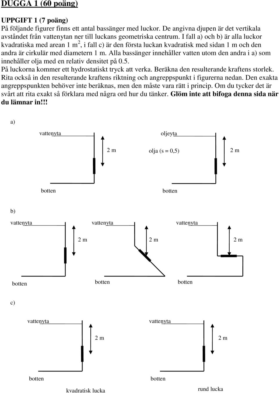 Alla bassänger innehåller vatten utom den andra i a) som innehåller olja med en relativ densitet på 0.5. På luckorna kommer ett hydrostatiskt tryck att verka.