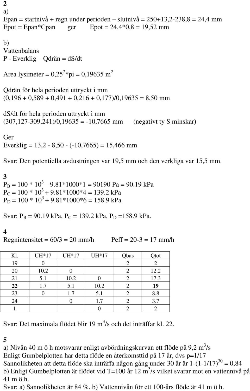 ty S minskar) Ger Everklig = 13,2-8,50 - (-10,7665) = 15,466 mm Svar: Den potentiella avdustningen var 19,5 mm och den verkliga var 15,5 mm. 3 P B = 100 * 10 3 9.81*1000*1 = 90190 Pa = 90.