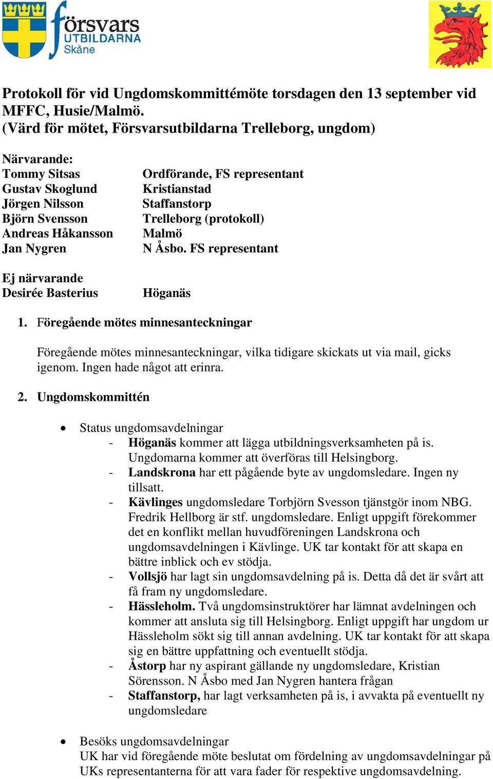 FS representant Kristianstad Staffanstorp Trelleborg (protokoll) Malmö N Åsbo. FS representant Höganäs 1.