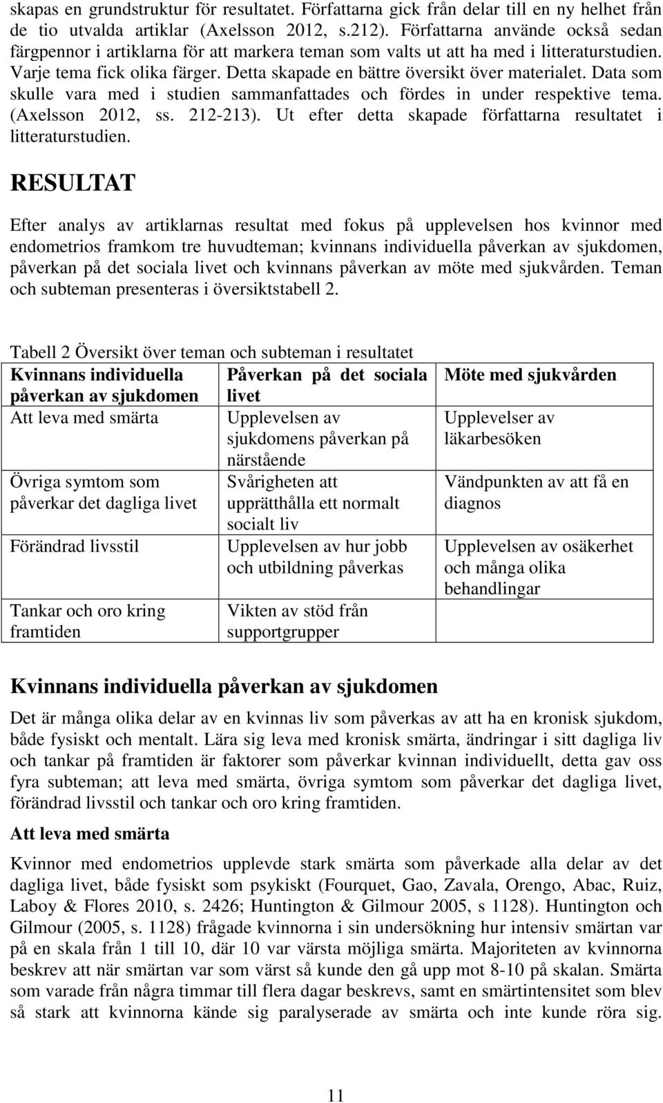 Detta skapade en bättre översikt över materialet. Data som skulle vara med i studien sammanfattades och fördes in under respektive tema. (Axelsson 2012, ss. 212-213).