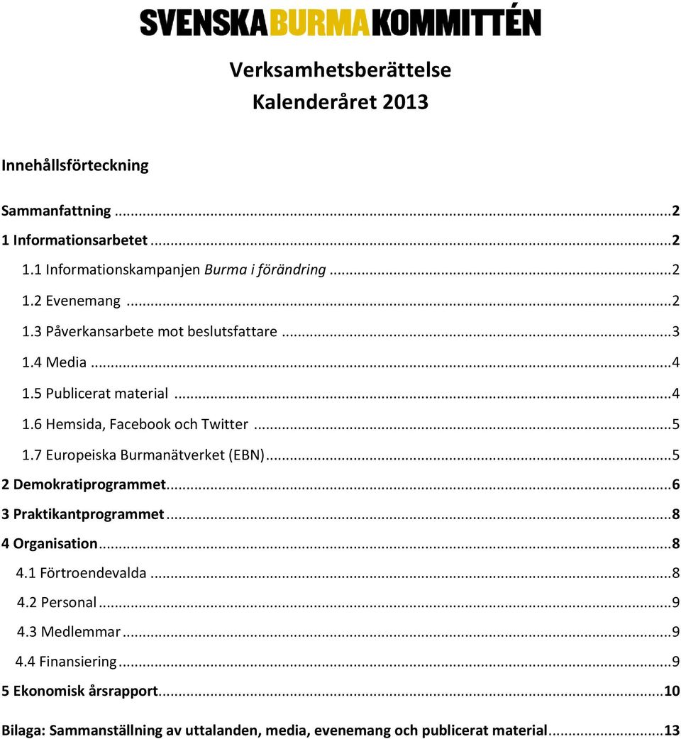 7 Europeiska Burmanätverket (EBN)... 5 2 Demokratiprogrammet... 6 3 Praktikantprogrammet... 8 4 Organisation... 8 4.1 Förtroendevalda... 8 4.2 Personal.