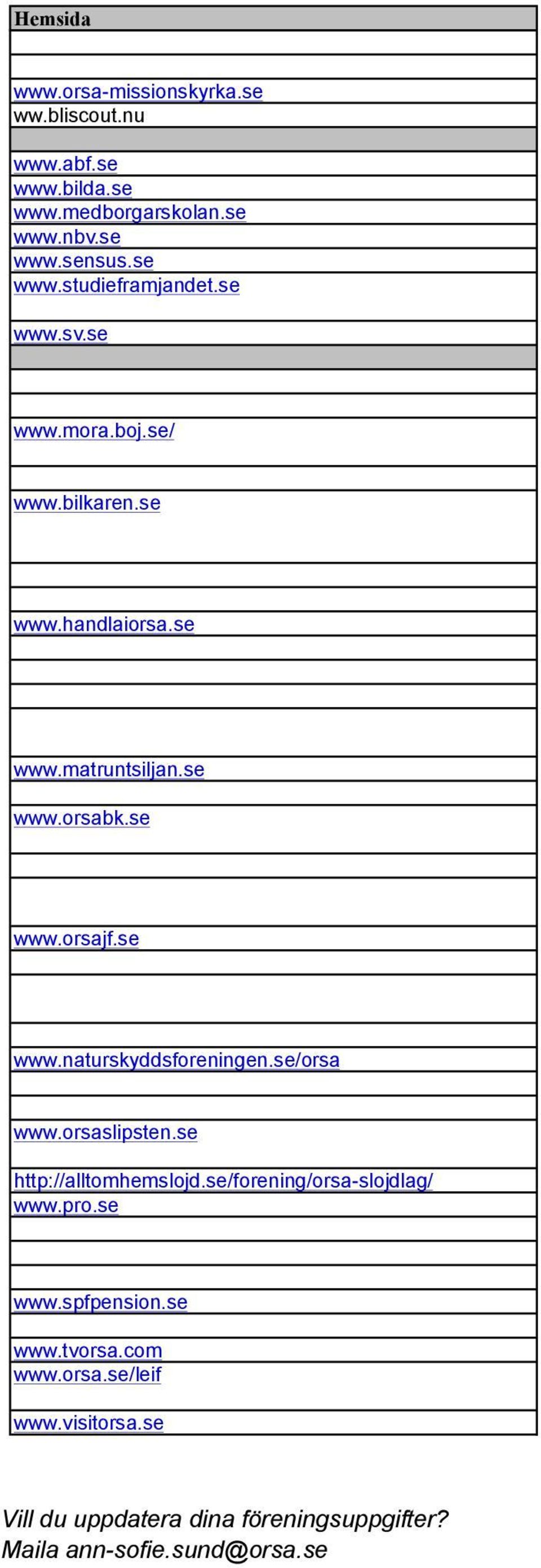 se www.orsabk.se www.orsajf.se www.naturskyddsforeningen.se/orsa www.orsaslipsten.se http://alltomhemslojd.