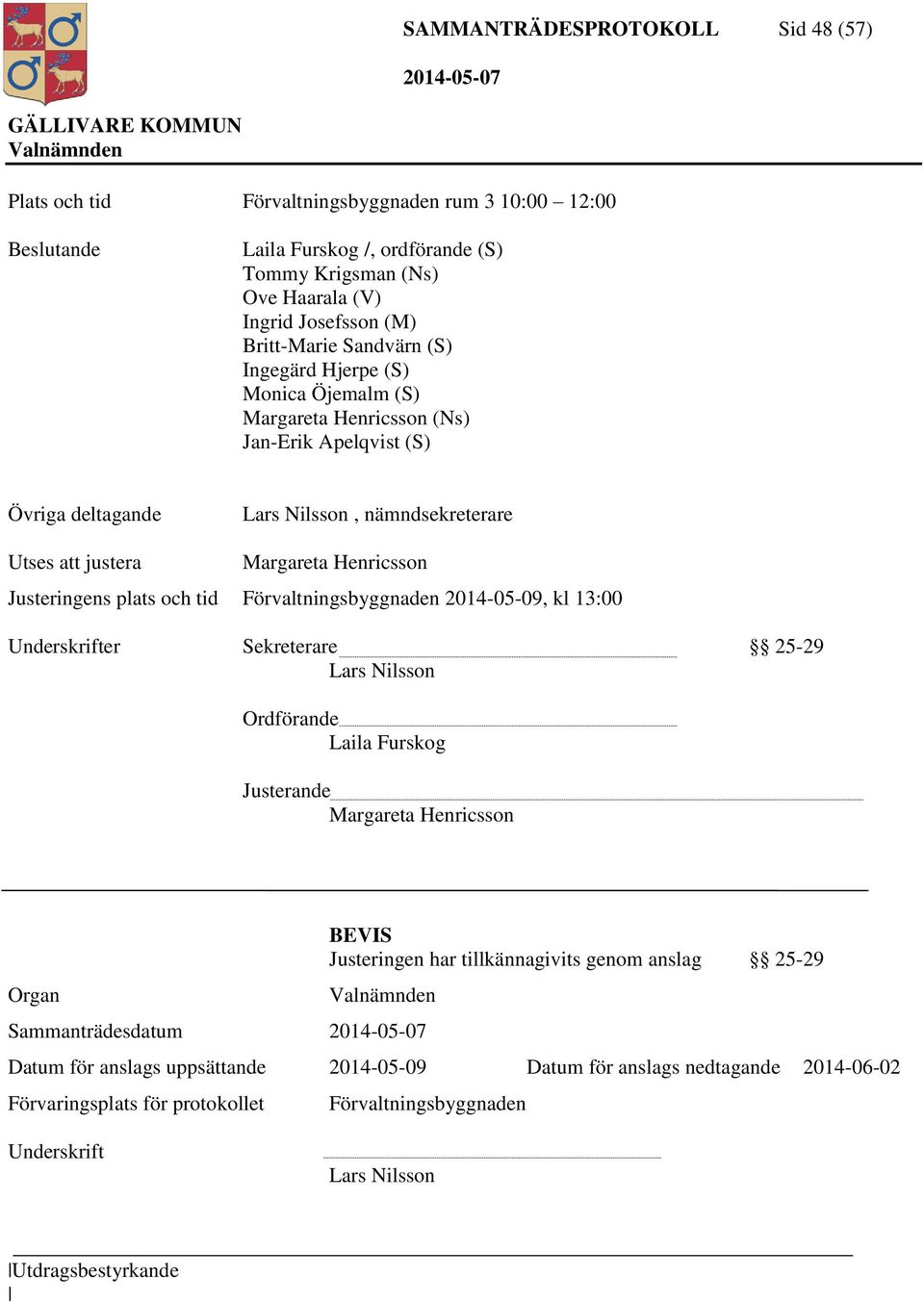 Justeringens plats och tid Förvaltningsbyggnaden 2014-05-09, kl 13:00 Underskrifter Sekreterare 25-29 Lars Nilsson Ordförande Laila Furskog Justerande Margareta Henricsson Organ BEVIS Justeringen har