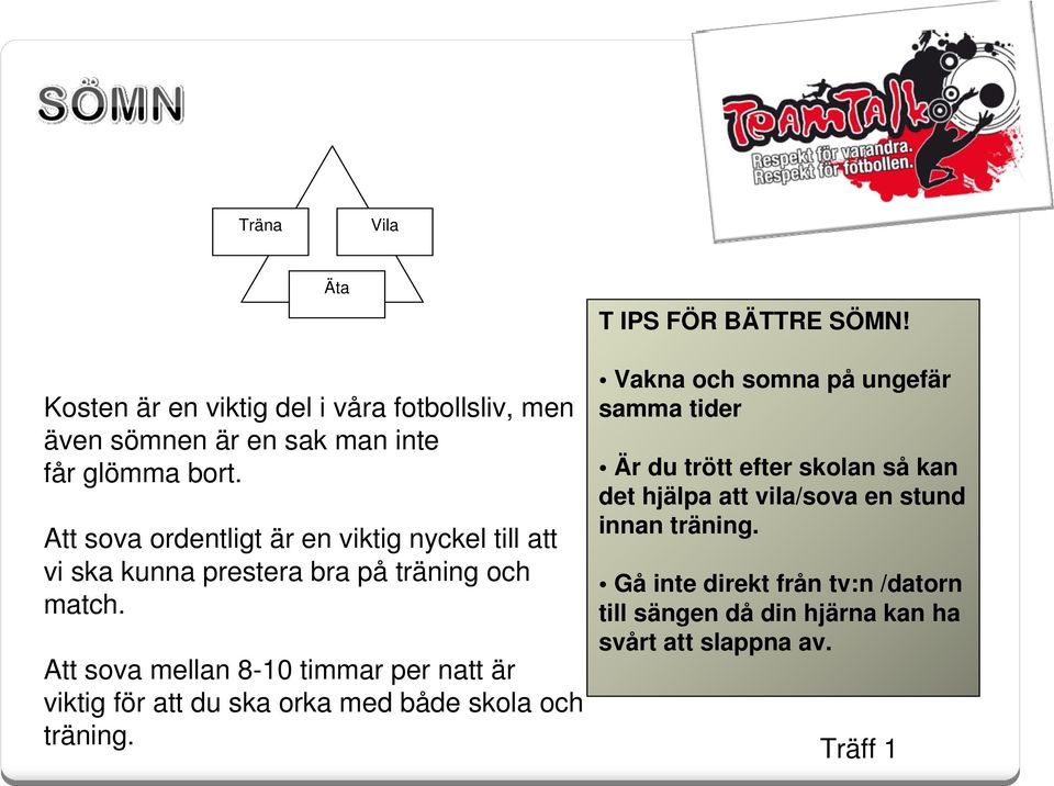 Att sova mellan 8-10 timmar per natt är viktig för att du ska orka med både skola och träning. Äta T IPS FÖR BÄTTRE SÖMN!