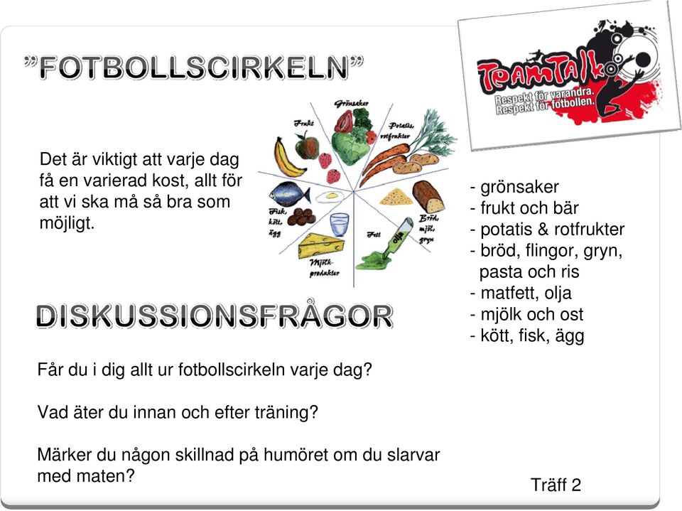 matfett, olja - mjölk och ost - kött, fisk, ägg Får du i dig allt ur fotbollscirkeln varje dag?