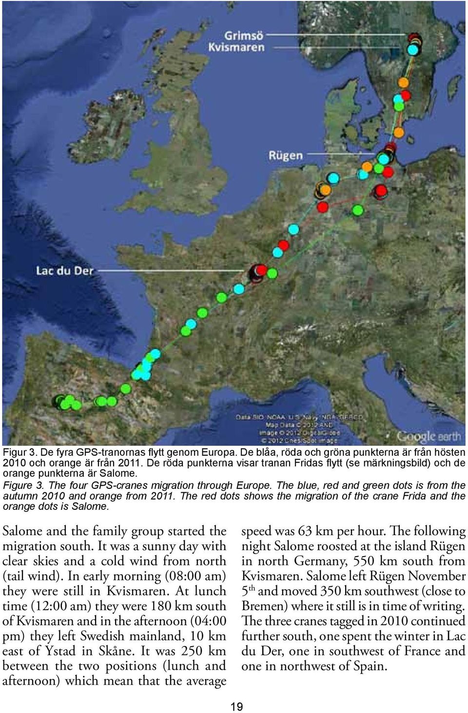 The blue, red and green dots is from the autumn 2010 and orange from 2011. The red dots shows the migration of the crane Frida and the orange dots is Salome.