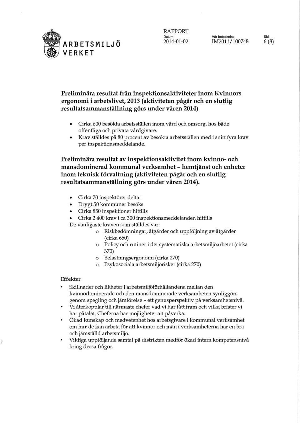 Krav ställdes på 80 procent av besökta arbetsställen med i snitt fyra krav per inspektionsmeddelande.