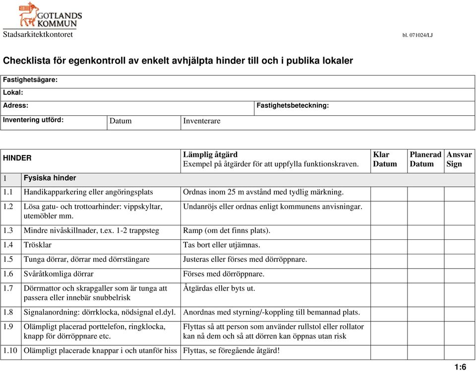 åtgärd Exempel på åtgärder för att uppfylla funktionskraven. Klar Datum Planerad Datum Ansvar Sign 1 Fysiska hinder 1.